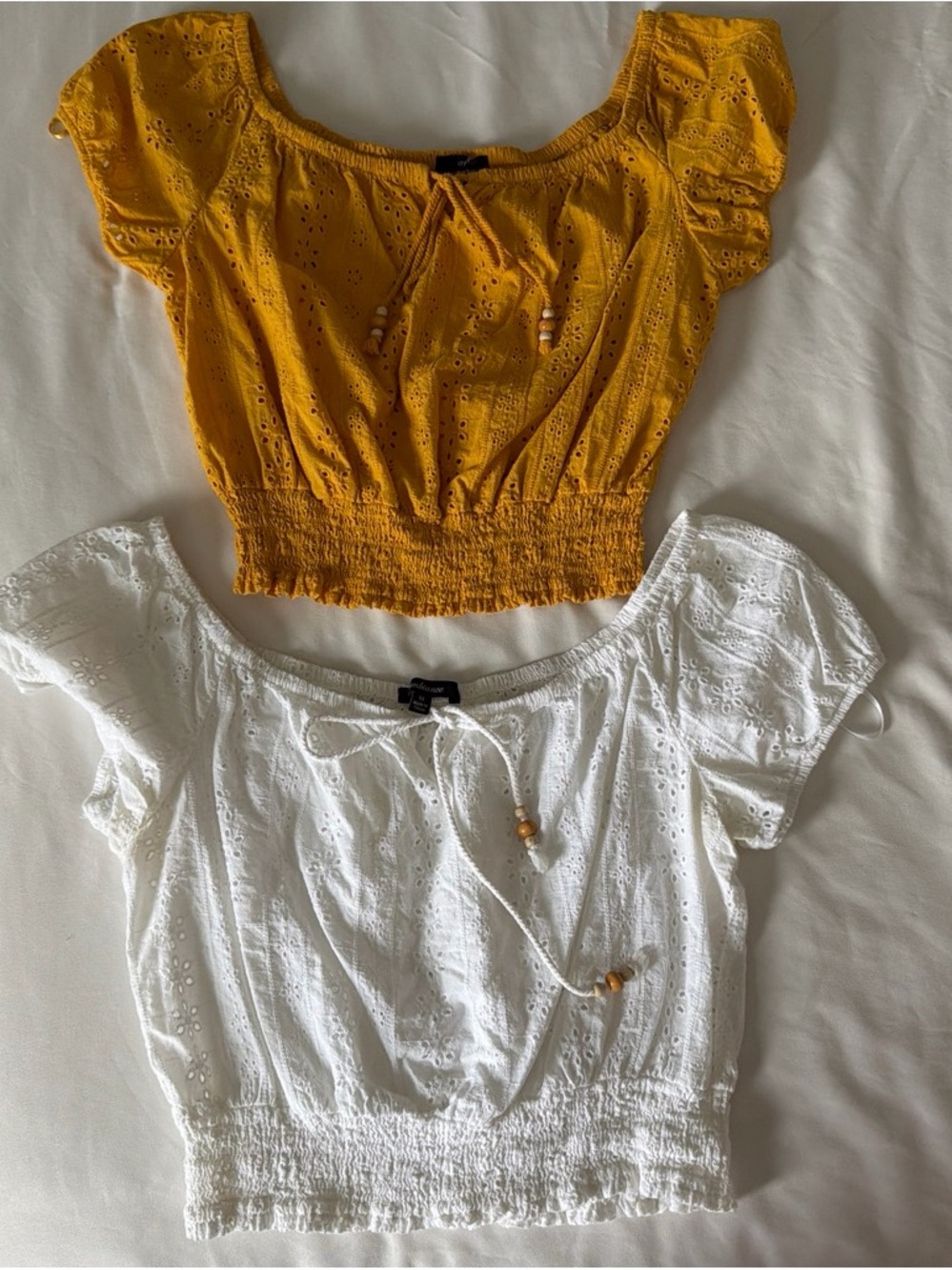 Smocked Eyelet Crop Top with Tie - Yellow